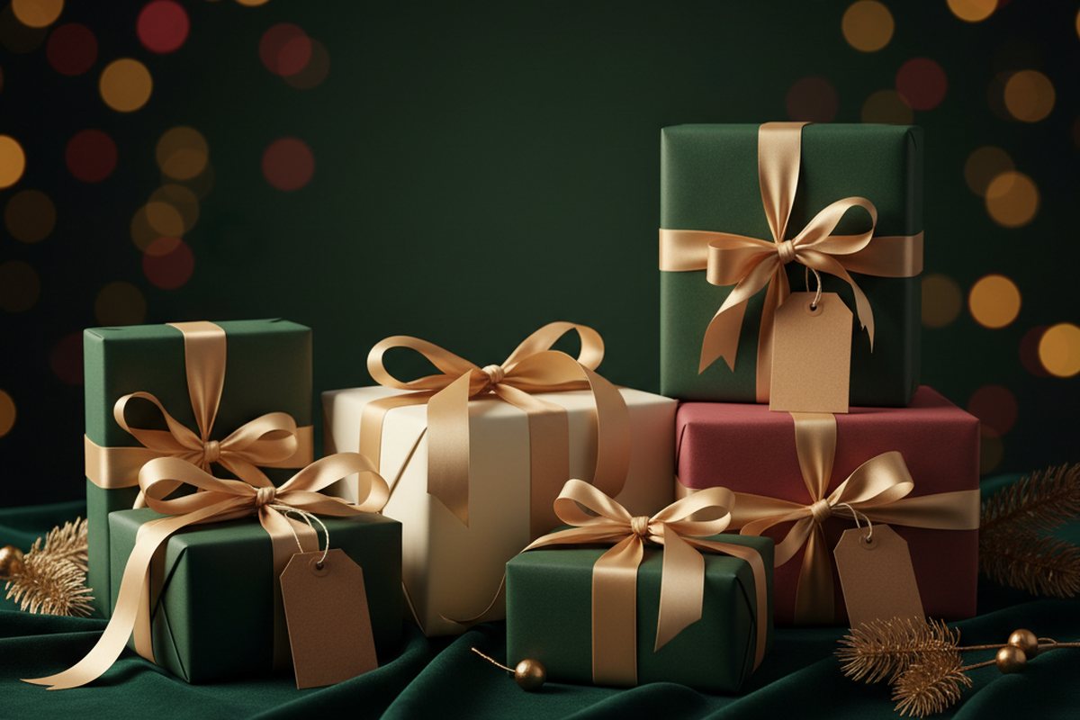 Wrapped gifts with blank paper tags on deep emerald fabric, lit by warm gold light.